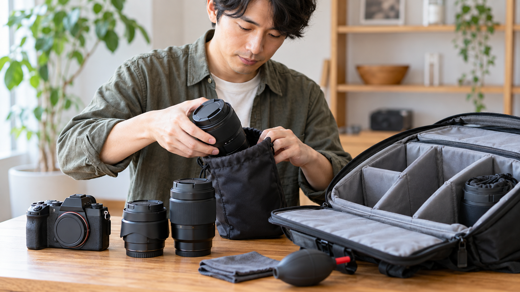 交換レンズをクッション入りポーチへ収納する安全な持ち運び方