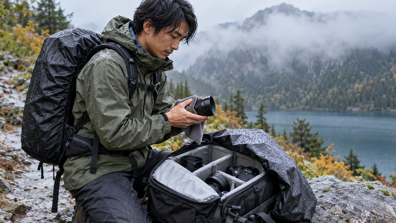 雨天の登山で交換レンズとカメラバッグを保護する撮影者