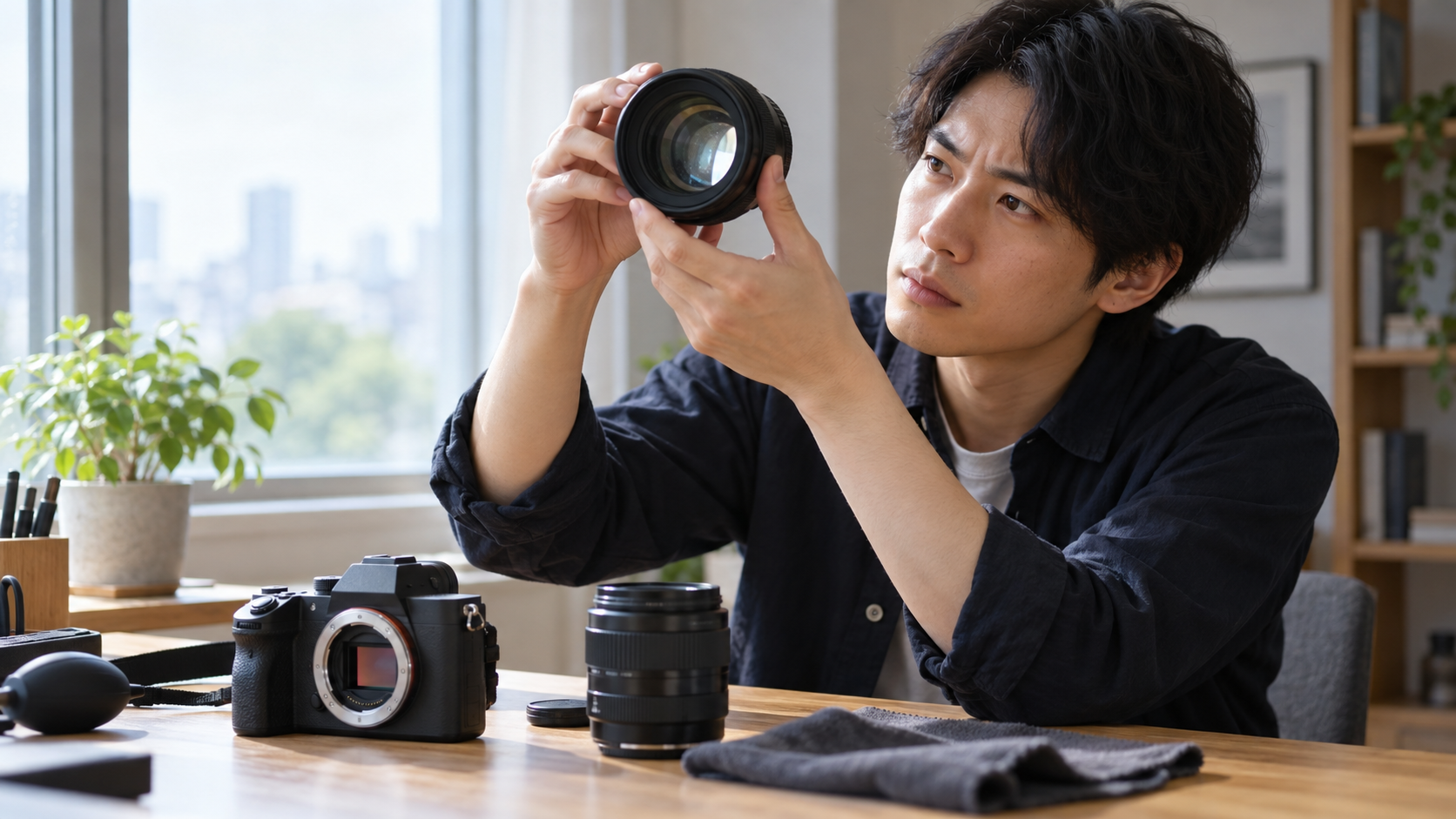 交換レンズを窓の光にかざして内部のカビを確認する日本人男性
