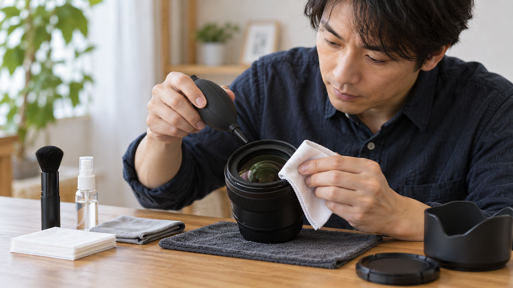 ブロアーとクロスで交換レンズ表面を清掃する日本人男性