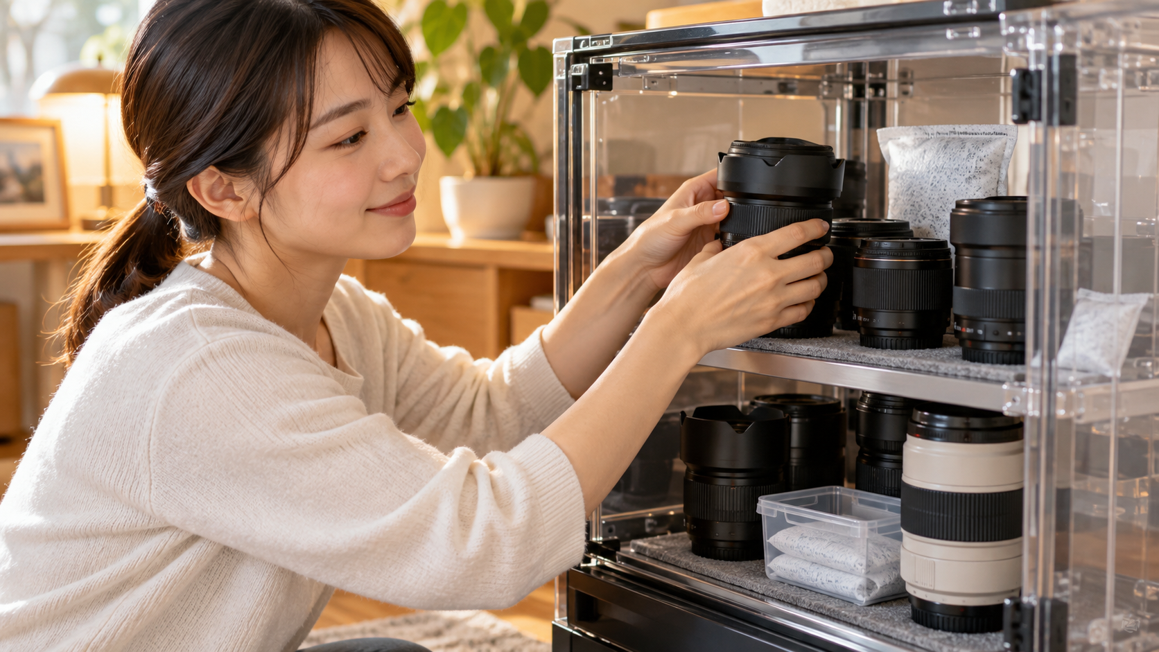 交換レンズを防湿庫で保管してカビを予防する日本人女性