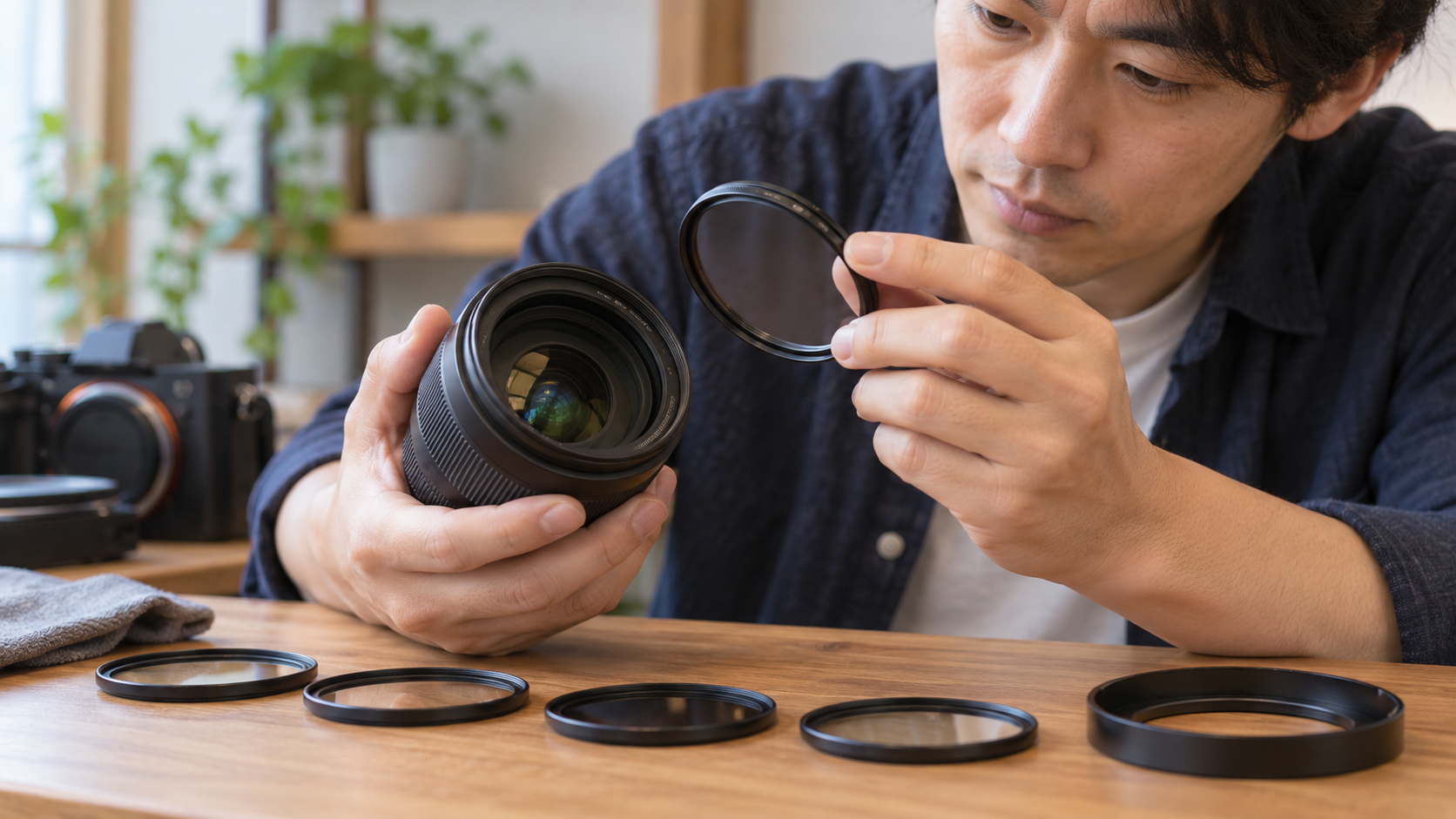 交換レンズに合うレンズフィルター径を確認する日本人男性