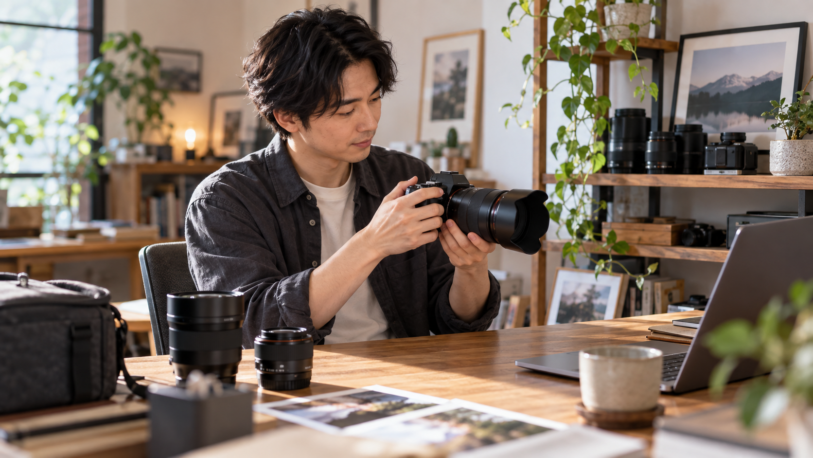 標準ズームレンズを日常的に使う日本人男性と交換レンズ