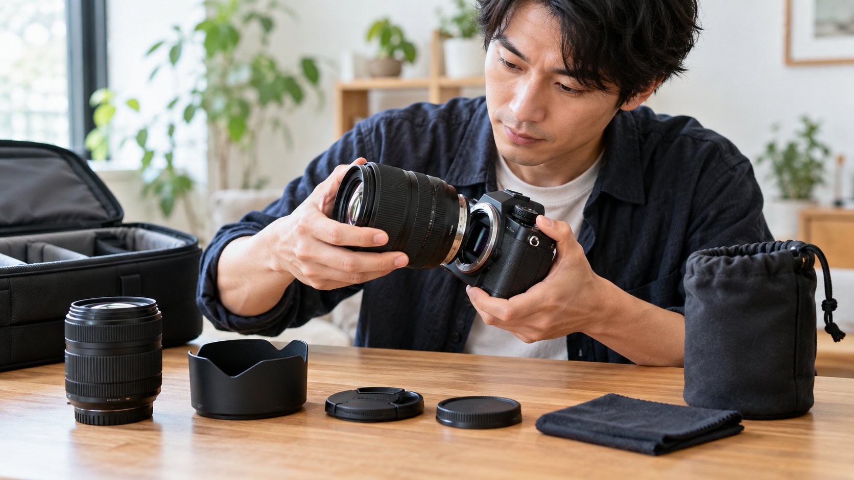 レンタルした交換レンズのマウントと付属品を確認する男性
