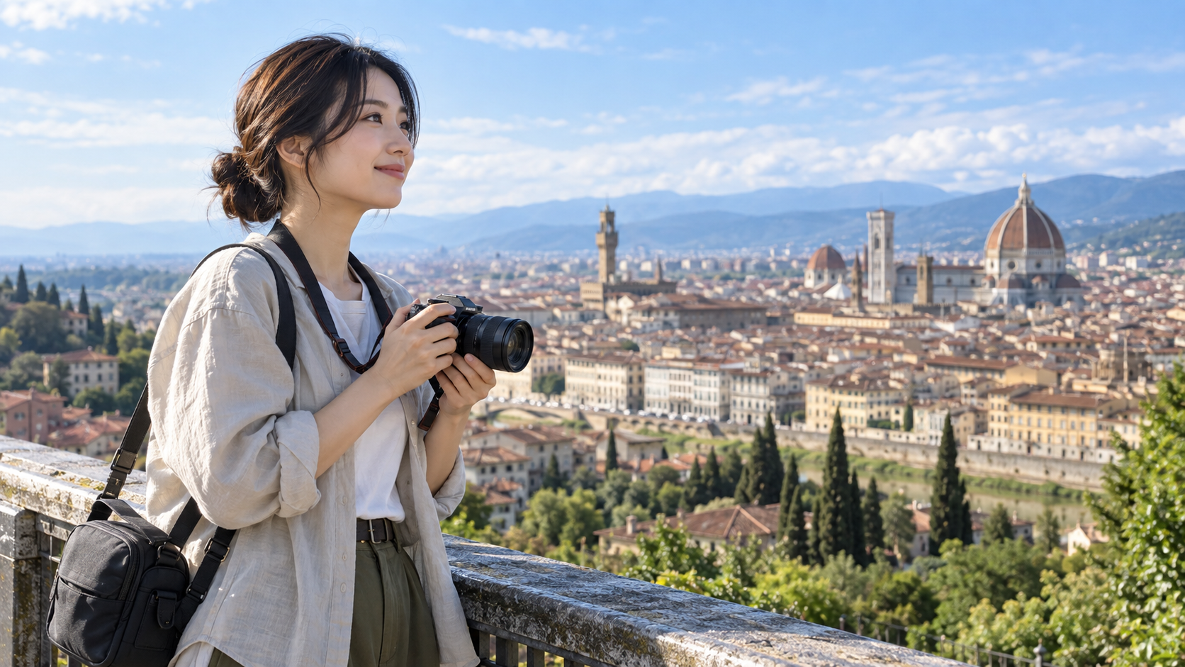 旅行先でズームレンズ付きミラーレスカメラを持つ日本人女性