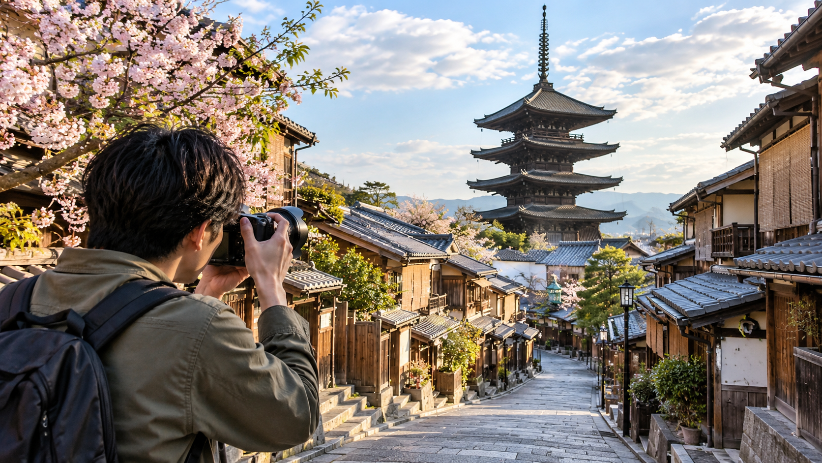 日本の古い街並みと塔を広角レンズで撮影する旅行者