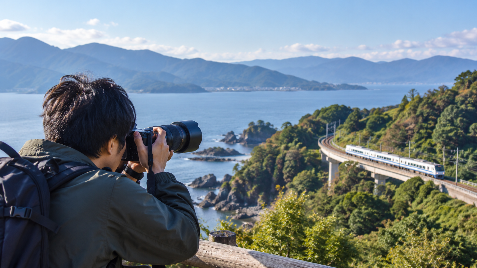 旅行先で望遠レンズを使い海沿いの列車を撮影する日本人男性