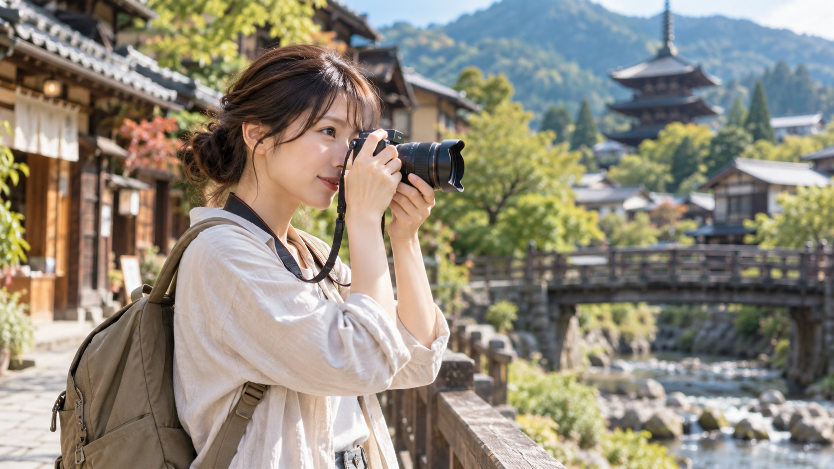 旅行先でズームレンズ付きミラーレスカメラを使う日本人女性