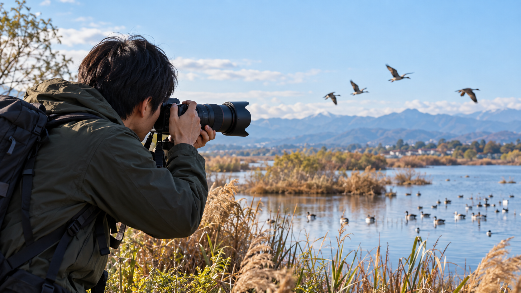 マイクロフォーサーズの超望遠レンズで野鳥を撮影する日本人男性