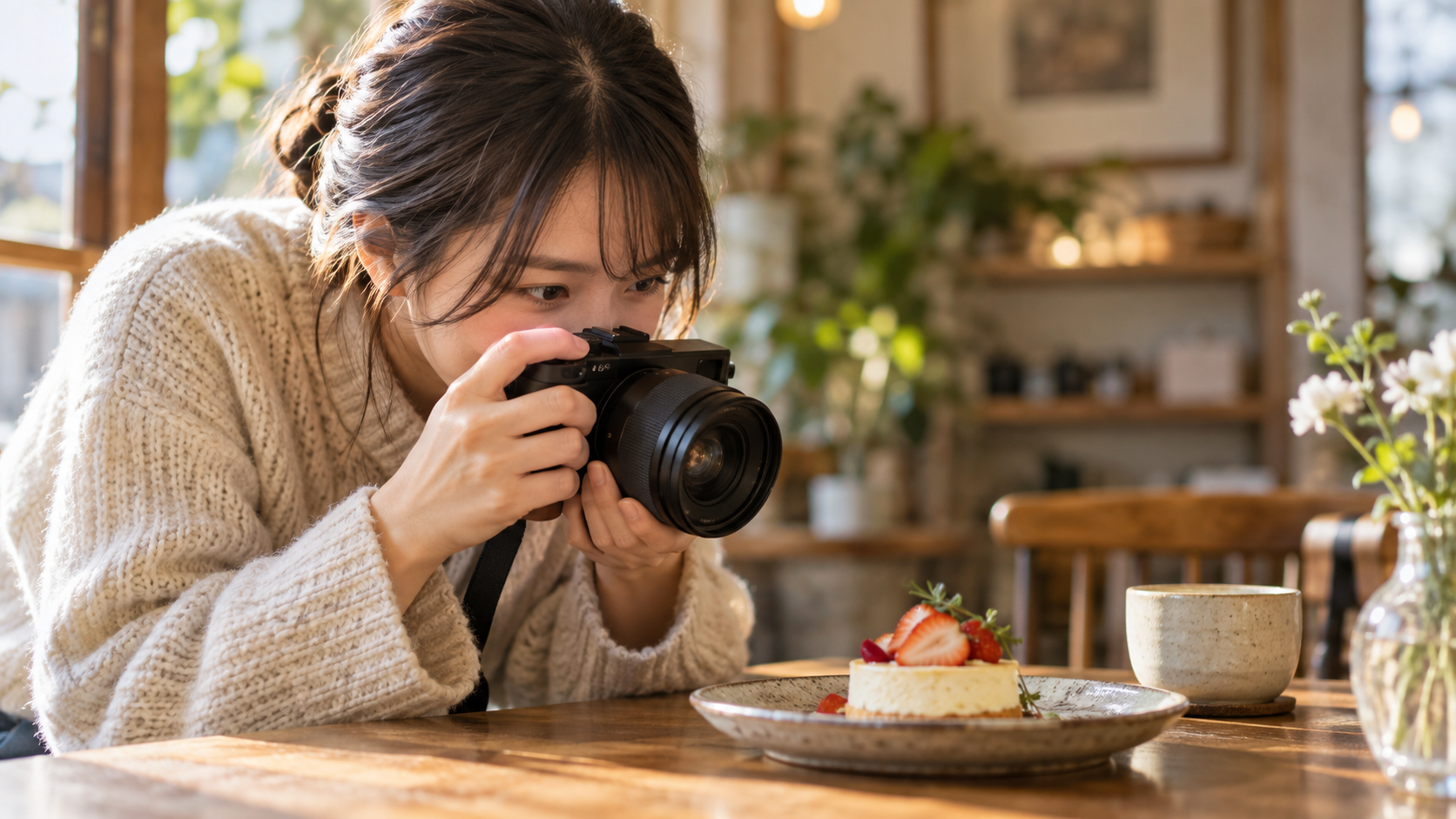 明るい単焦点レンズでデザートを撮影する日本人女性