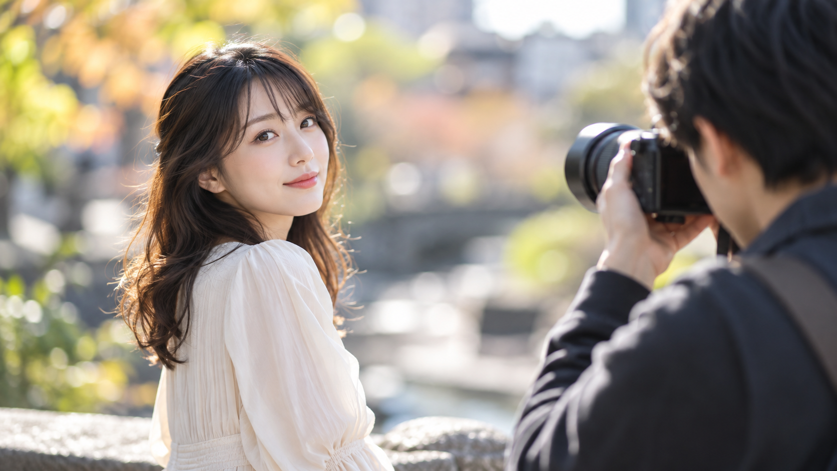 EOS R10の明るい単焦点レンズで背景をぼかして人物撮影するイメージ