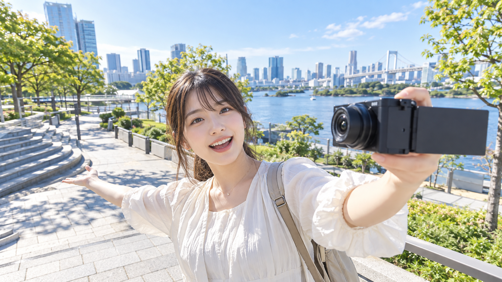 広角レンズ付きミラーレスカメラで自撮りVlogを撮影する日本人女性