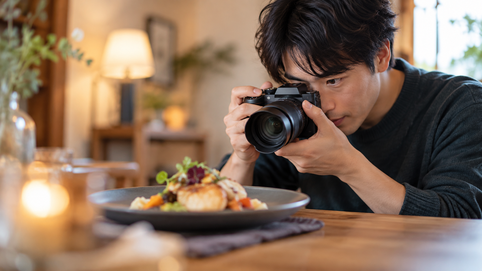 明るいレンズを付けたミラーレスカメラで料理を撮影する日本人男性