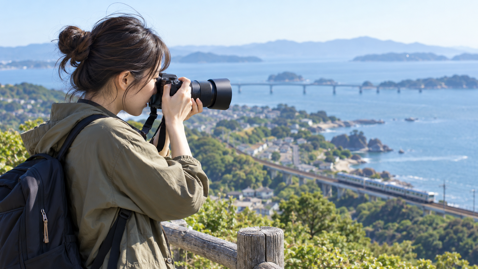旅行先の展望台で望遠レンズを使い海沿いの鉄道を撮影する日本人女性