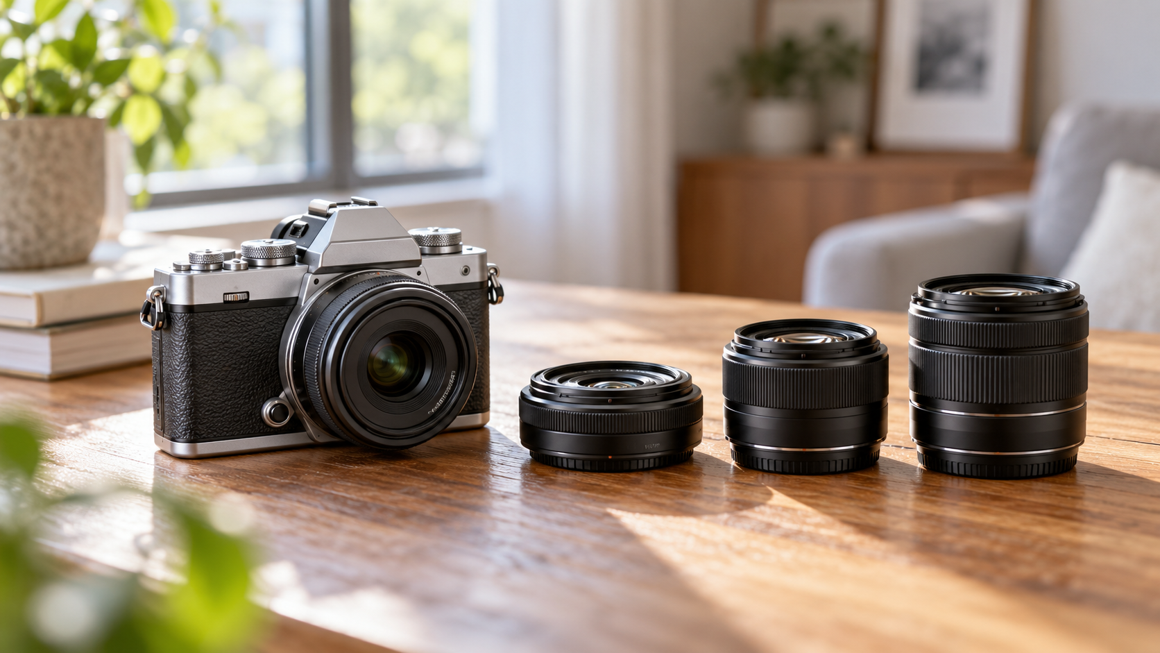Nikon Z fcのレンズ選びをイメージした小型ミラーレスカメラと軽量単焦点・ズームレンズ