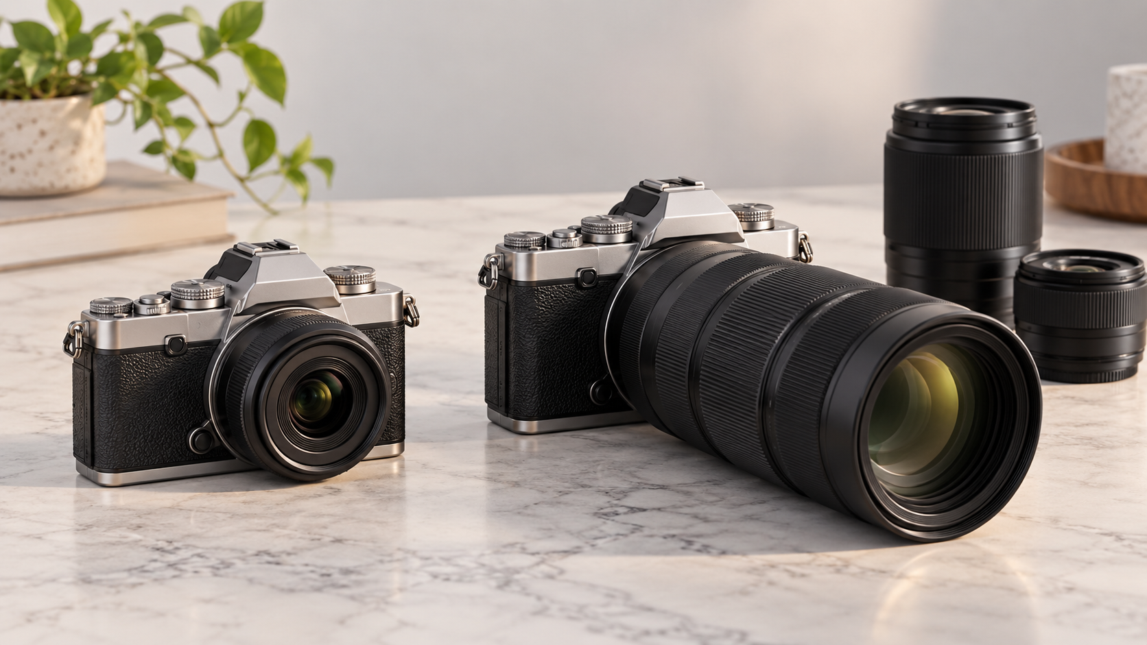 Nikon Z fcの軽量レンズと大型望遠ズームのサイズ・重量差をイメージした比較