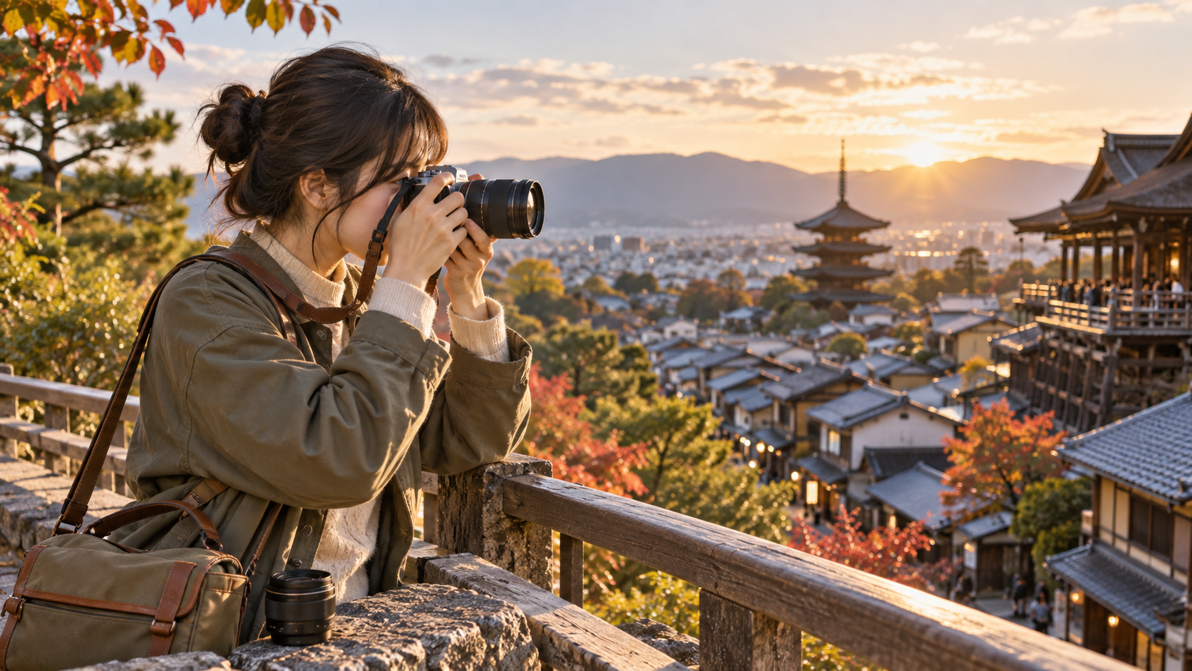 旅行先の日本の古都でズームレンズを付けたZ fc風カメラを使う女性