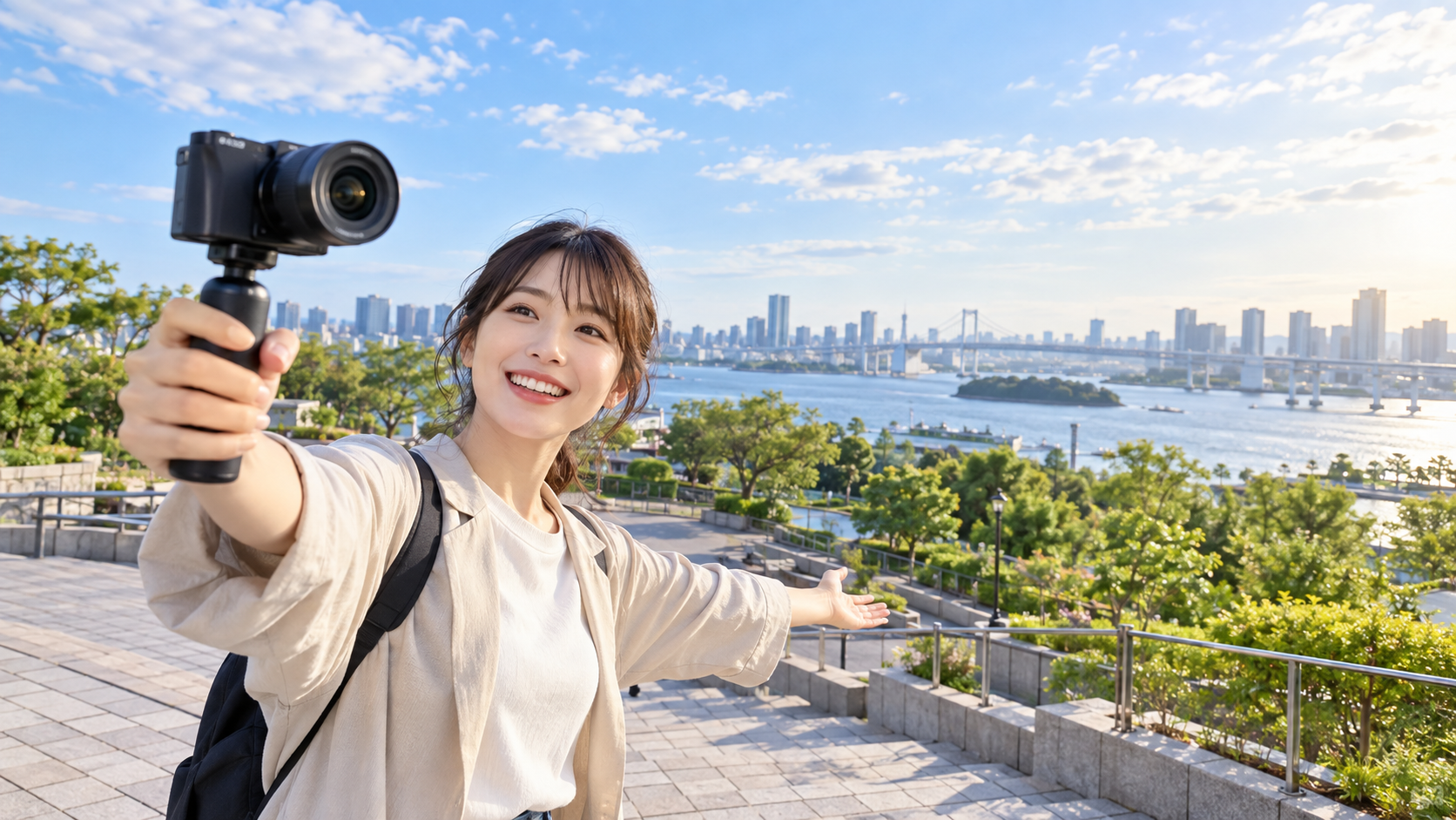 広角レンズのミラーレスカメラでVlogを撮影する日本人女性