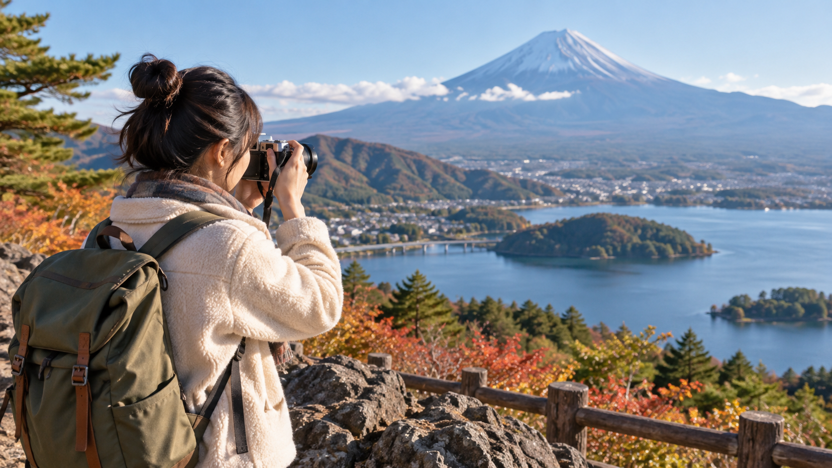 軽量ミラーレスカメラで富士山と湖を撮影する日本人旅行者