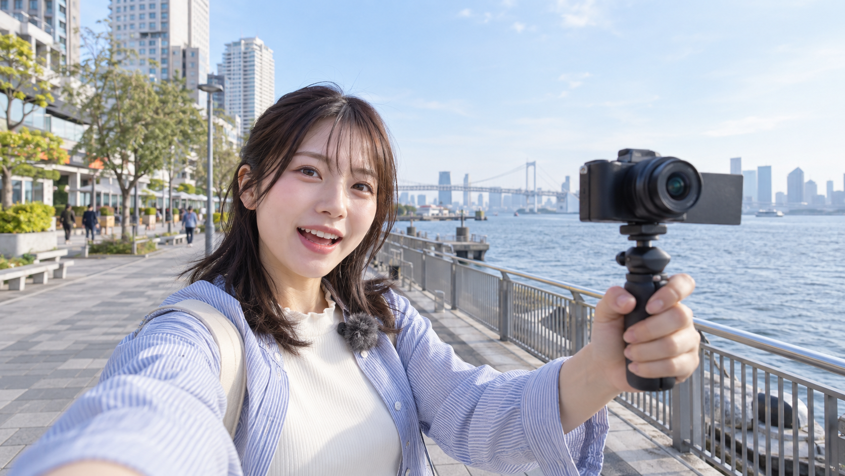 広角レンズ付き小型ミラーレスカメラでVlogを撮影する日本人女性
