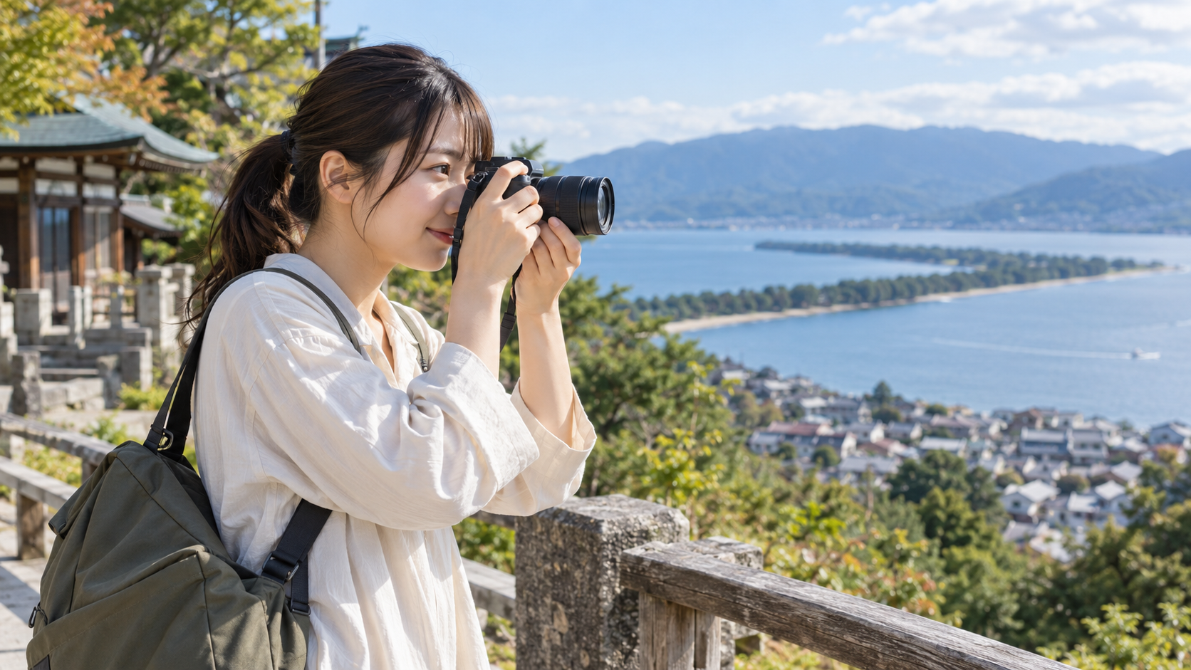 小型ミラーレスカメラとズームレンズで旅行風景を撮影する日本人女性