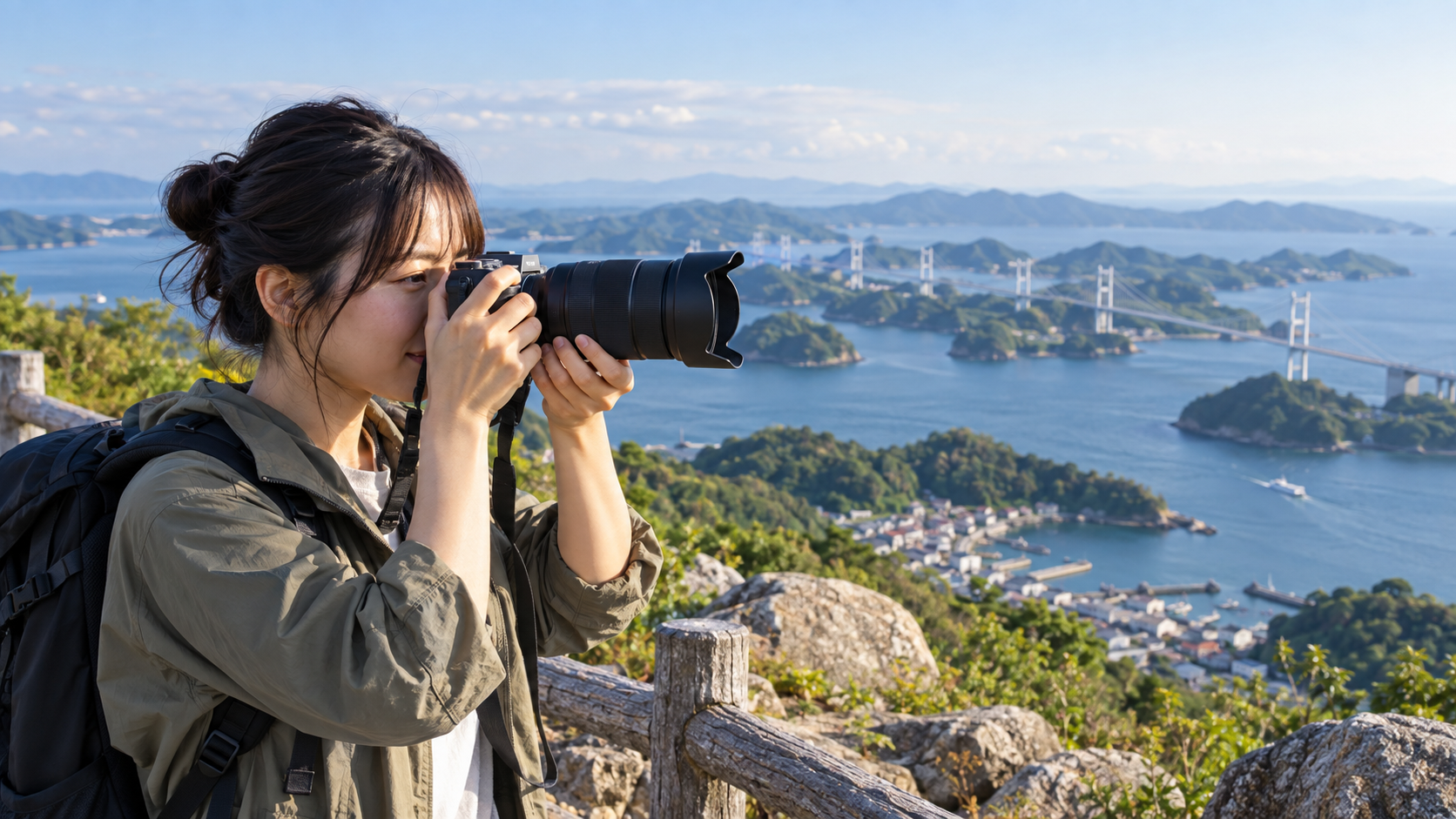 高倍率ズームを付けたミラーレスカメラで海と島の風景を撮影する日本人女性