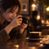暖色照明のカフェで小型ミラーレスカメラを使い料理を撮影する日本人女性