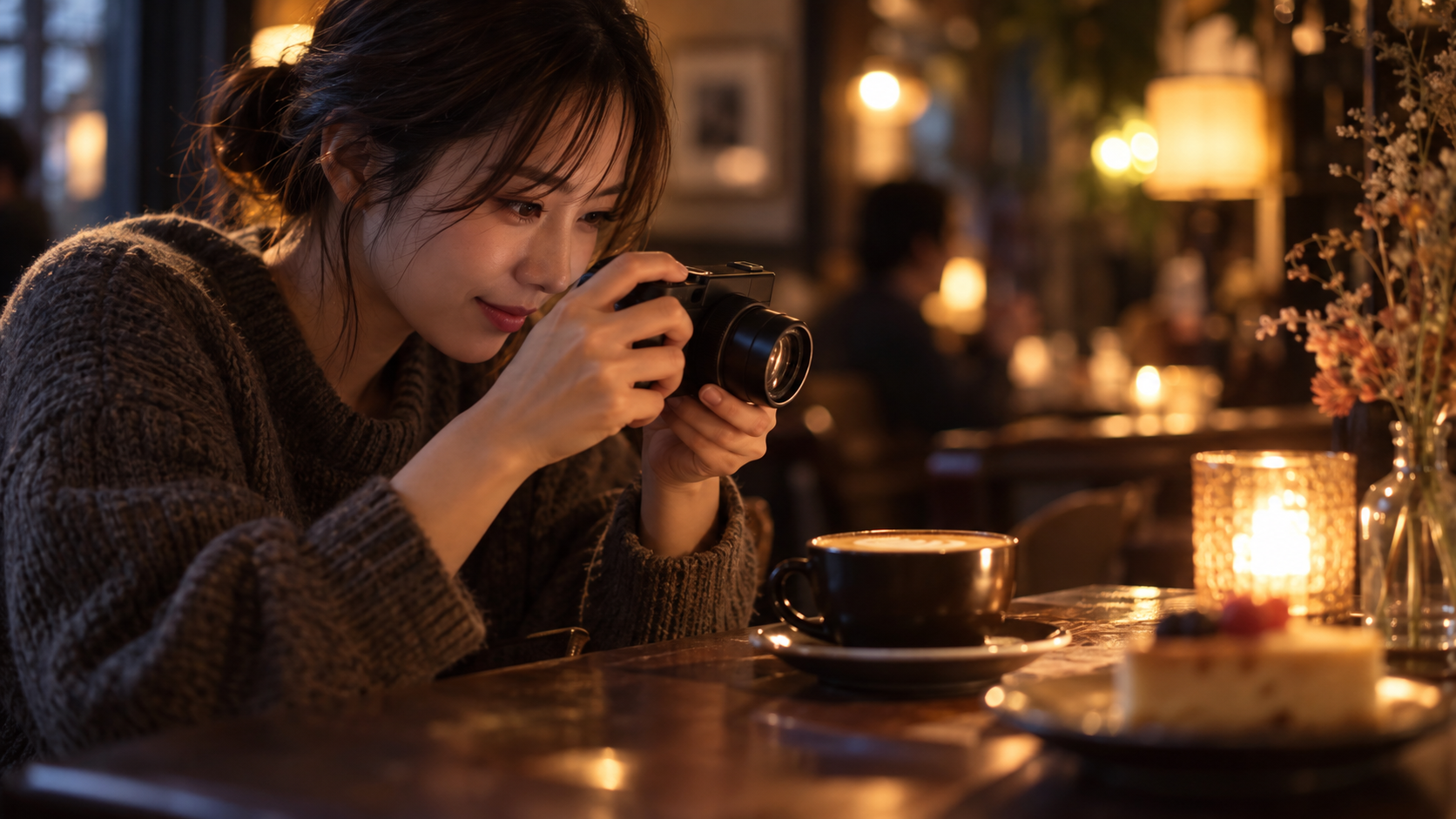 暖色照明のカフェで小型ミラーレスカメラを使い料理を撮影する日本人女性