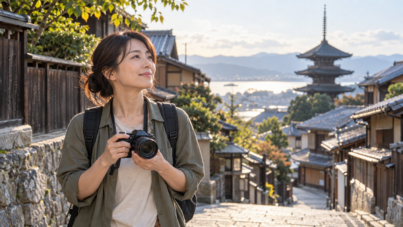 軽量なミラーレスカメラを持って日本の町並みを旅行する女性
