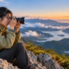 登山で広角レンズを使い山頂から広大な山岳風景を撮影する女性