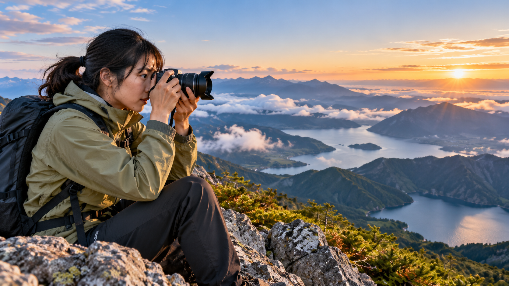 登山で広角レンズを使い山頂から広大な山岳風景を撮影する女性