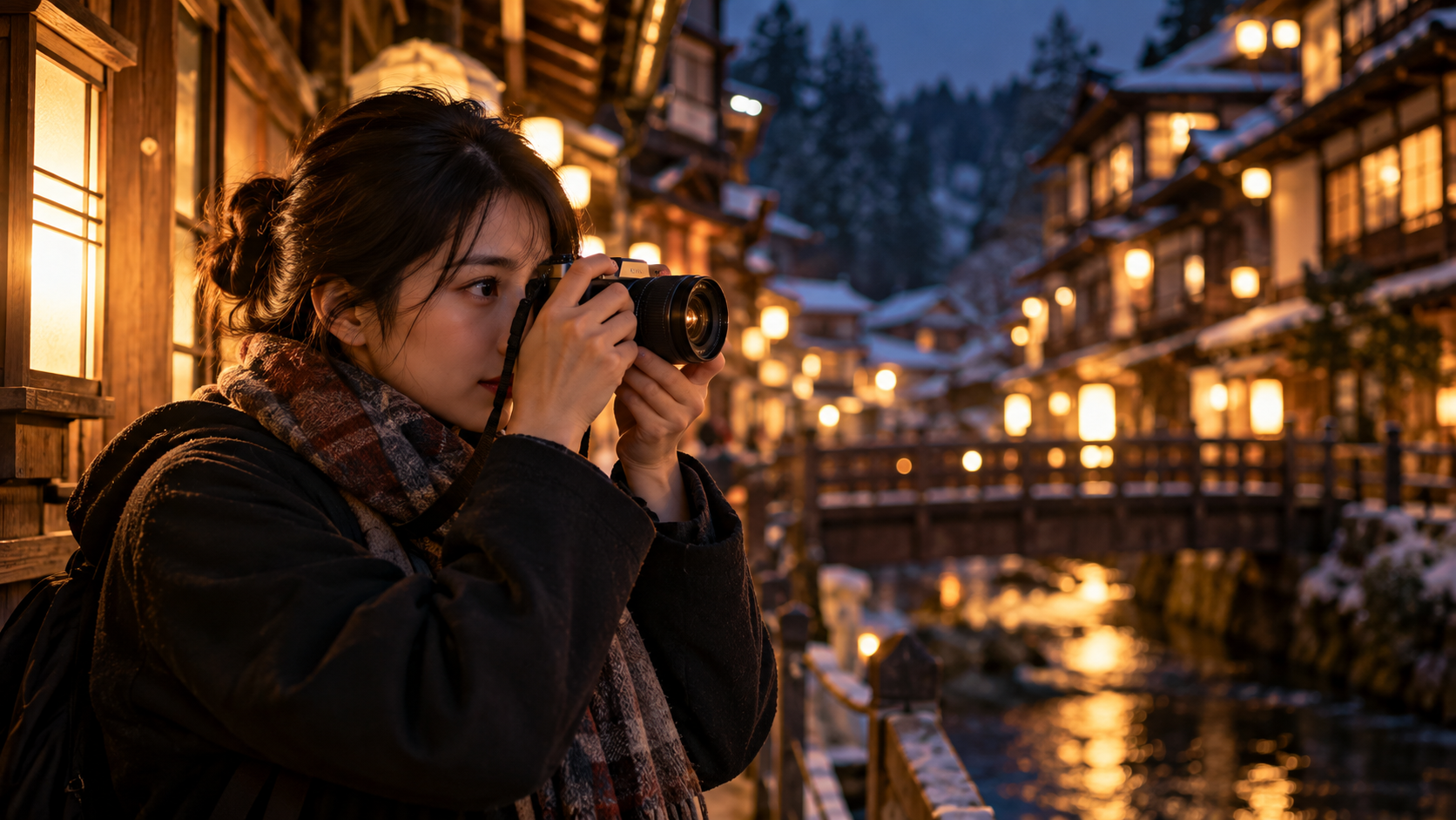 明るい単焦点レンズで夜の日本の町並みを撮影する女性