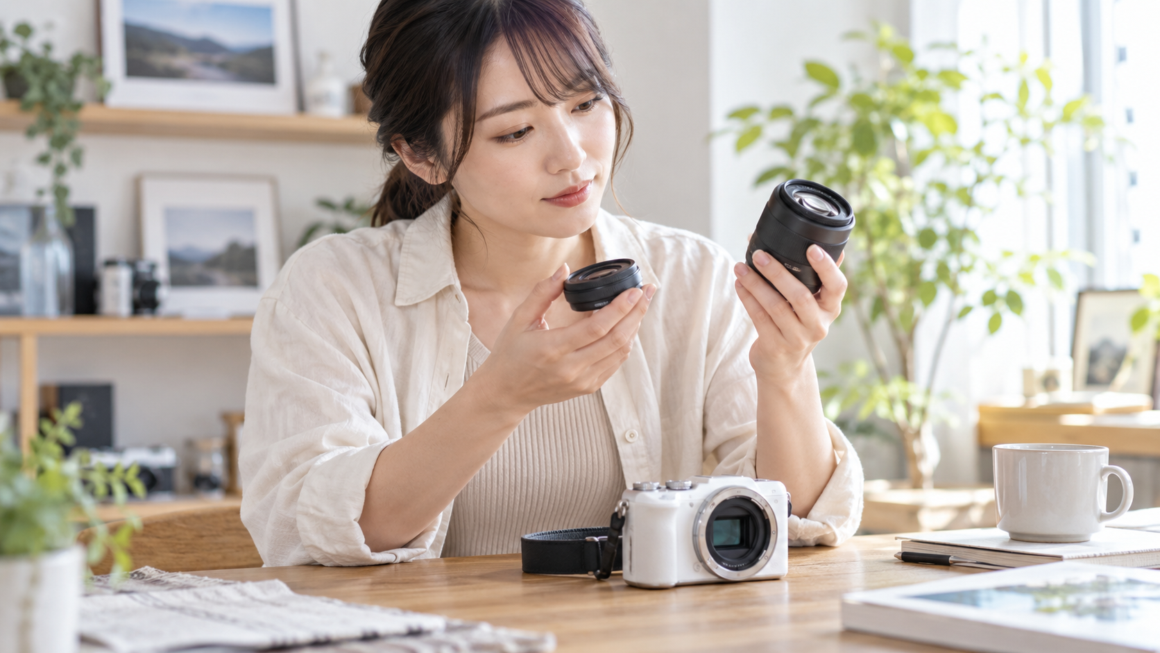 EOS Kiss M向けの小型単焦点レンズとズームレンズを比較する女性