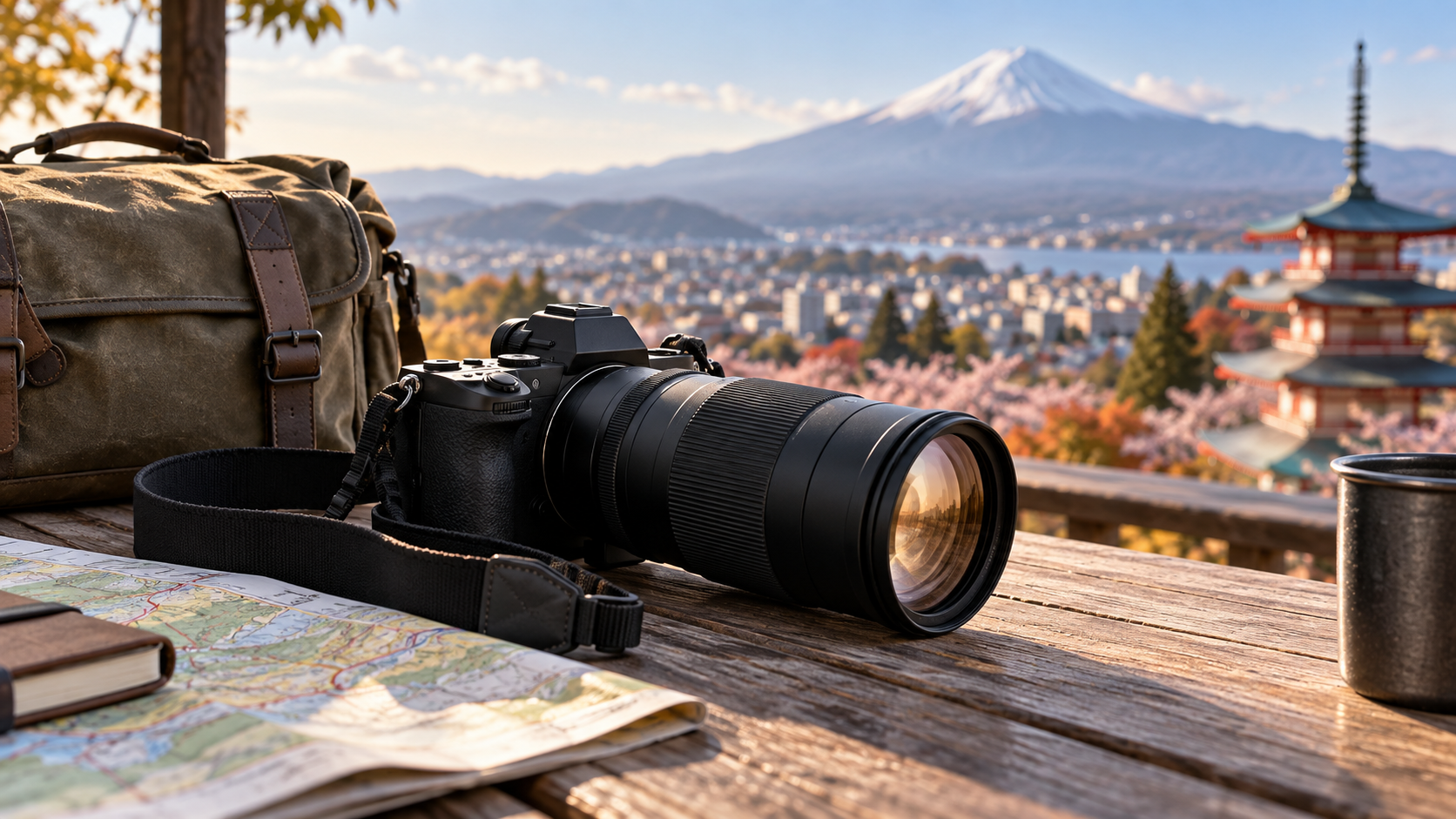 旅行先の風景を背景に置かれた高倍率ズームレンズ付きミラーレスカメラ