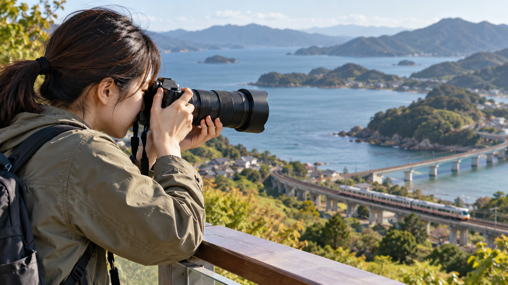 高倍率ズームレンズで海沿いを走る列車を撮影する日本人女性