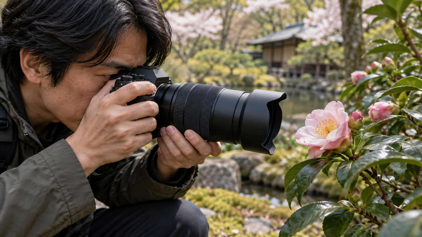 高倍率ズームレンズで日本庭園の花を近距離撮影する日本人男性
