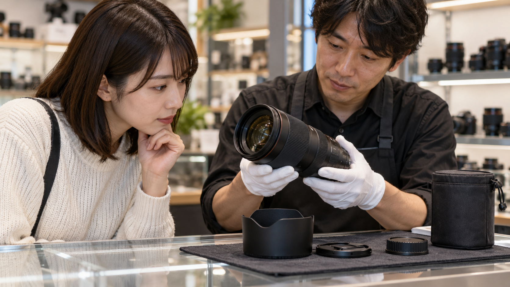 カメラ専門店で中古ズームレンズの状態と付属品を確認する日本人客