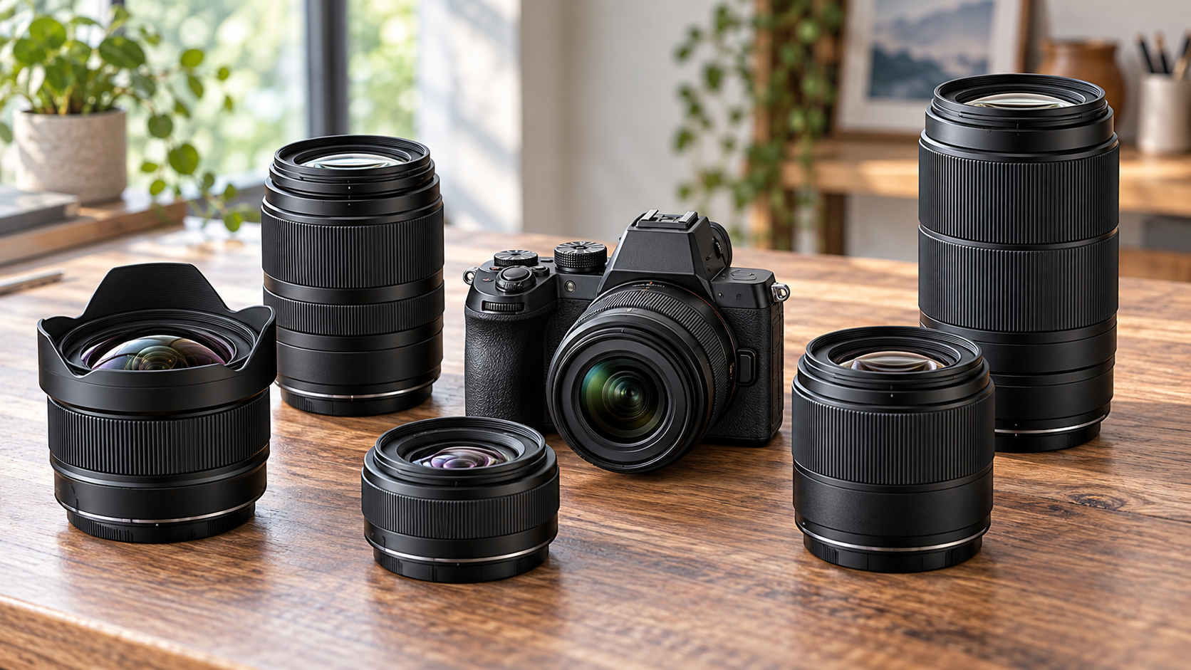 Nikon Z50II向け交換レンズ選びをイメージしたミラーレスカメラと複数のレンズ