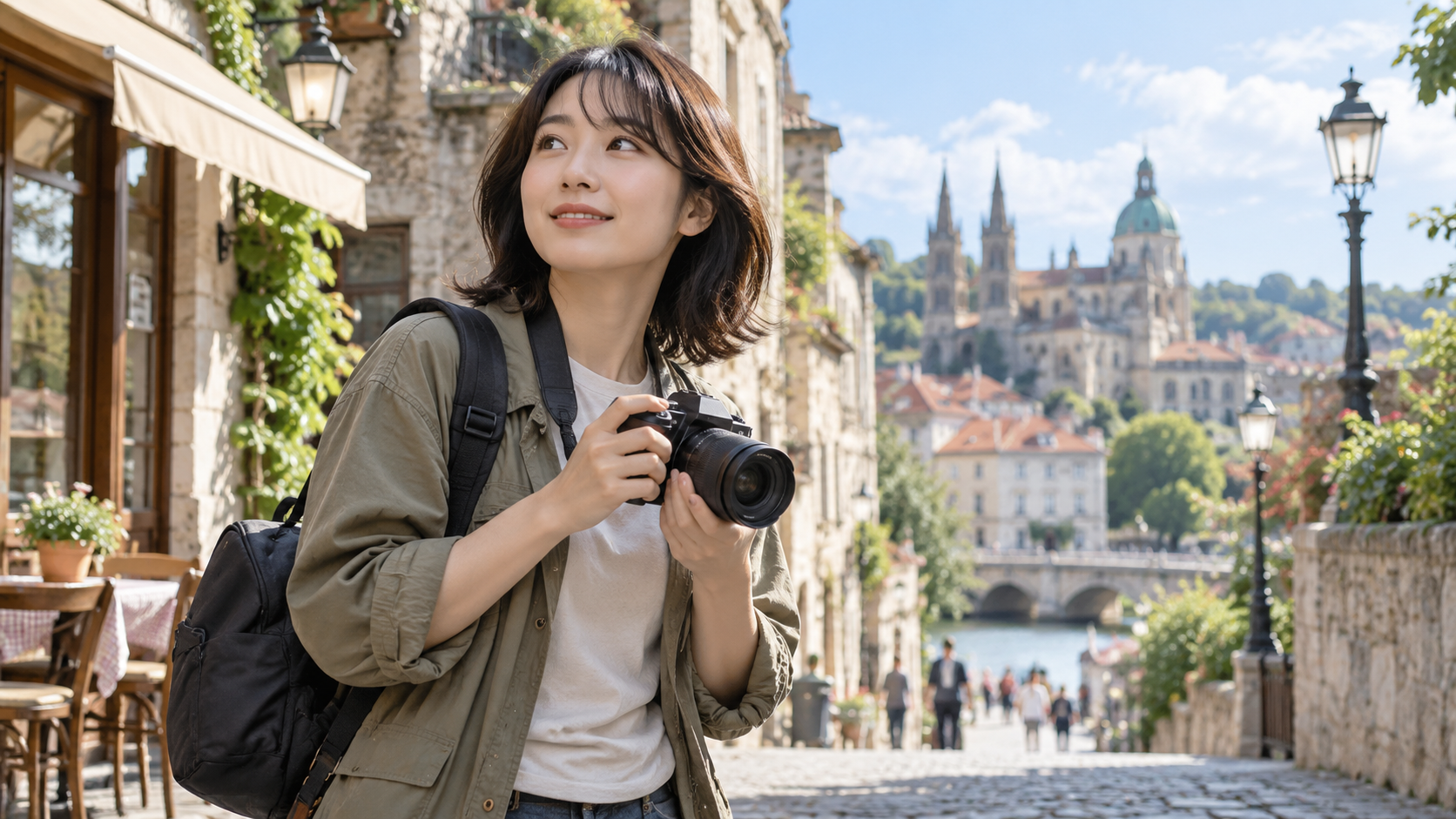 旅行先の街並みでズームレンズ付きミラーレスカメラを持つ日本人女性