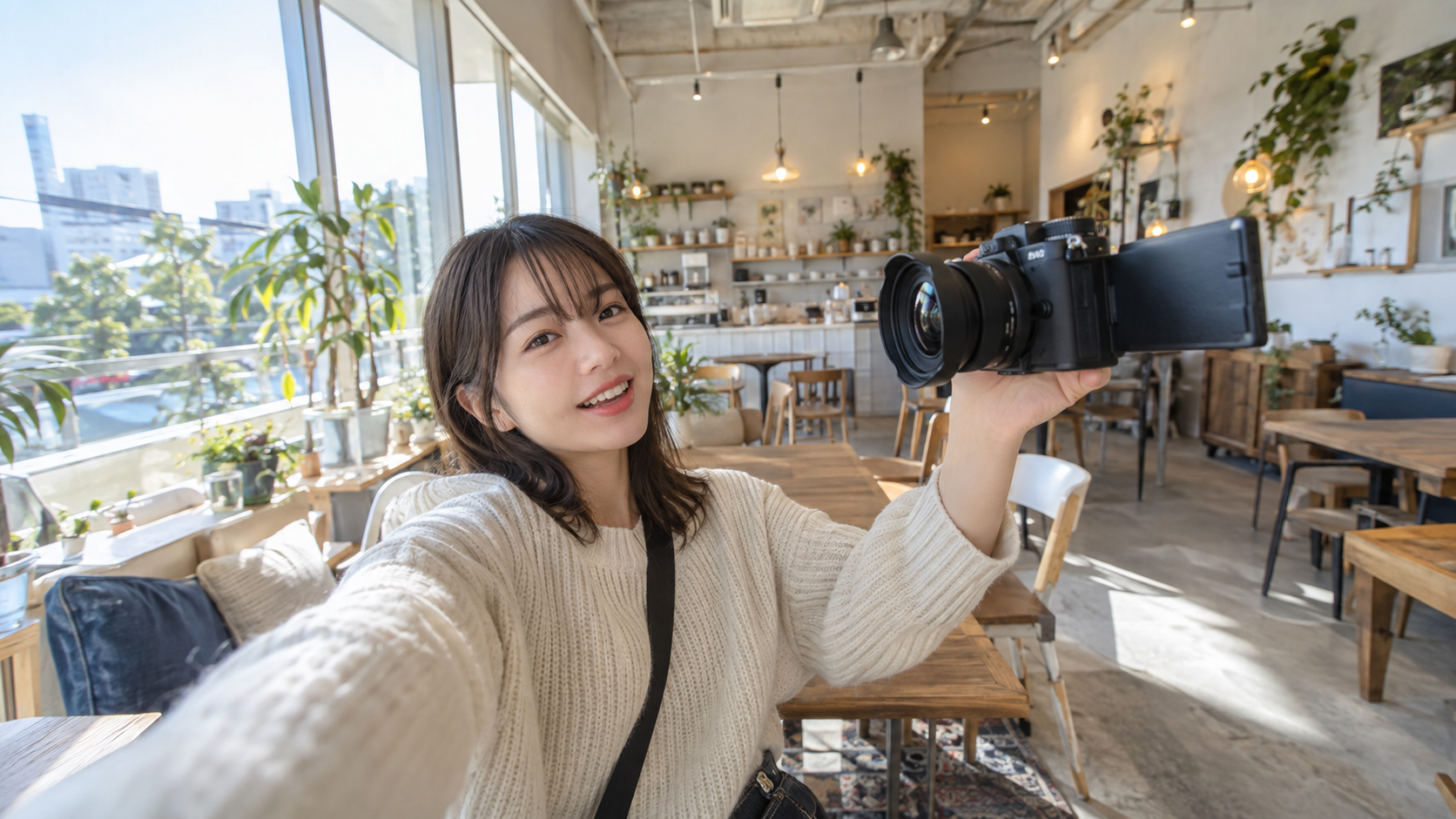 超広角レンズ付きミラーレスカメラでVlogを自撮りする日本人女性