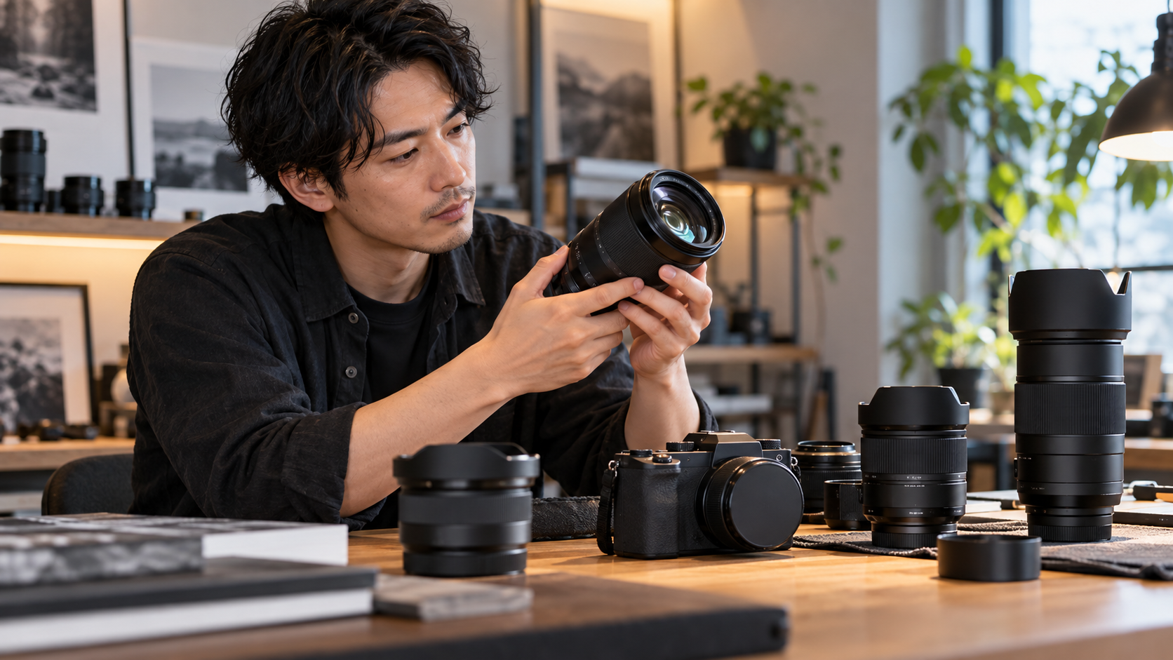 複数の交換レンズを前にレンズを確認する日本人フォトグラファー