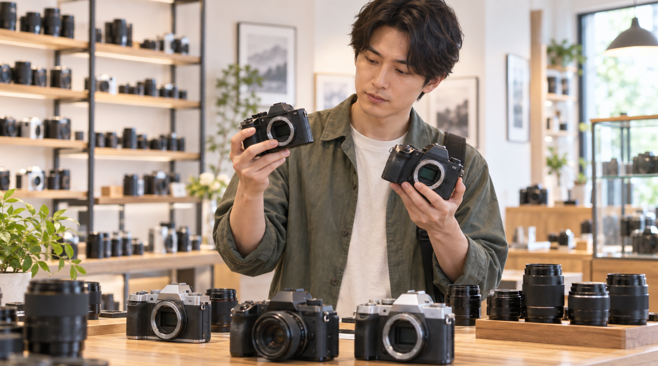 中古カメラ店で型落ちミラーレスカメラを比較する男性
