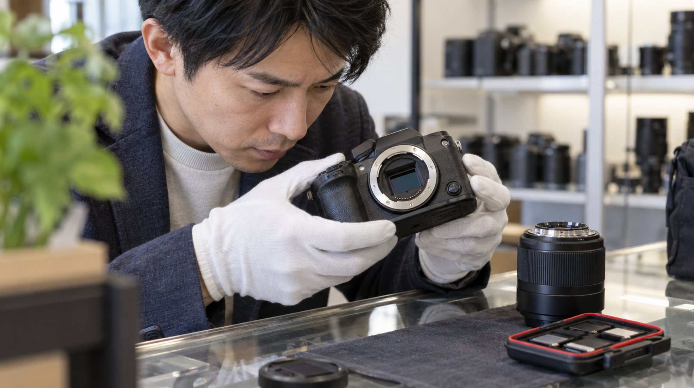 中古カメラ購入前にセンサーとマウントの状態を確認する様子