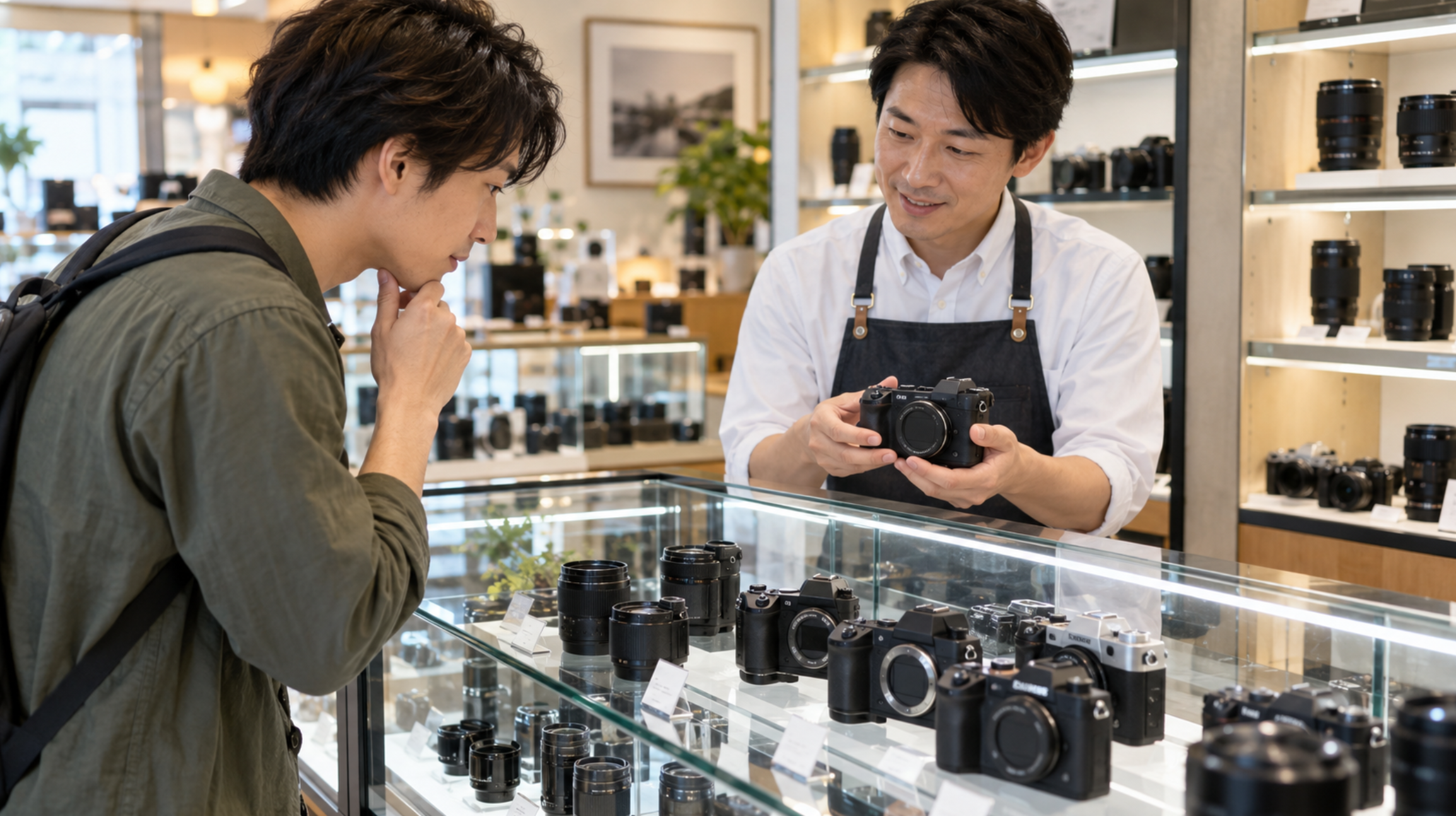 中古カメラ専門店でミラーレスカメラを比較する男性客