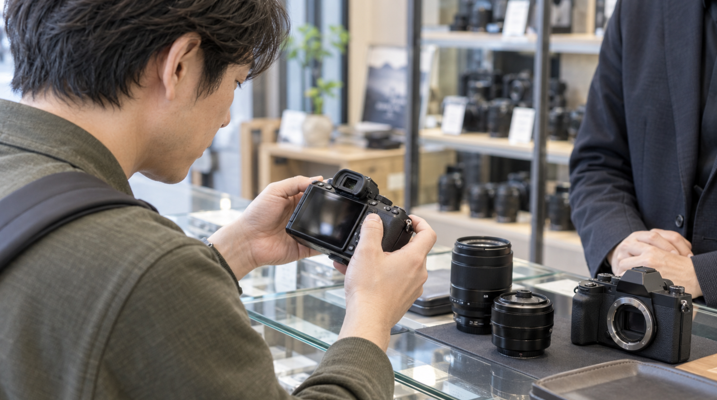 中古カメラ店でミラーレスカメラの操作や状態を確認する男性