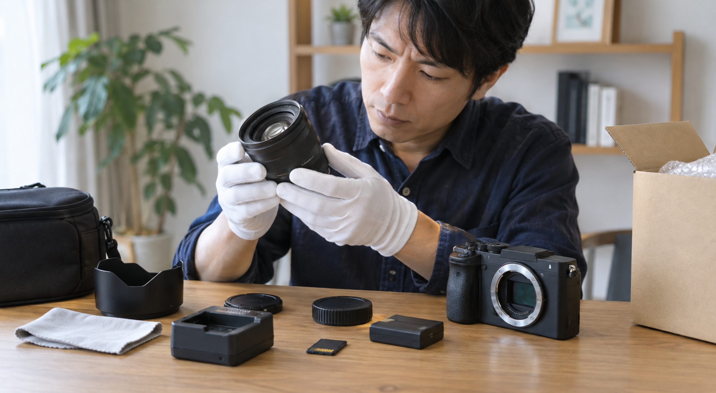 中古交換レンズの状態や付属品を確認する男性