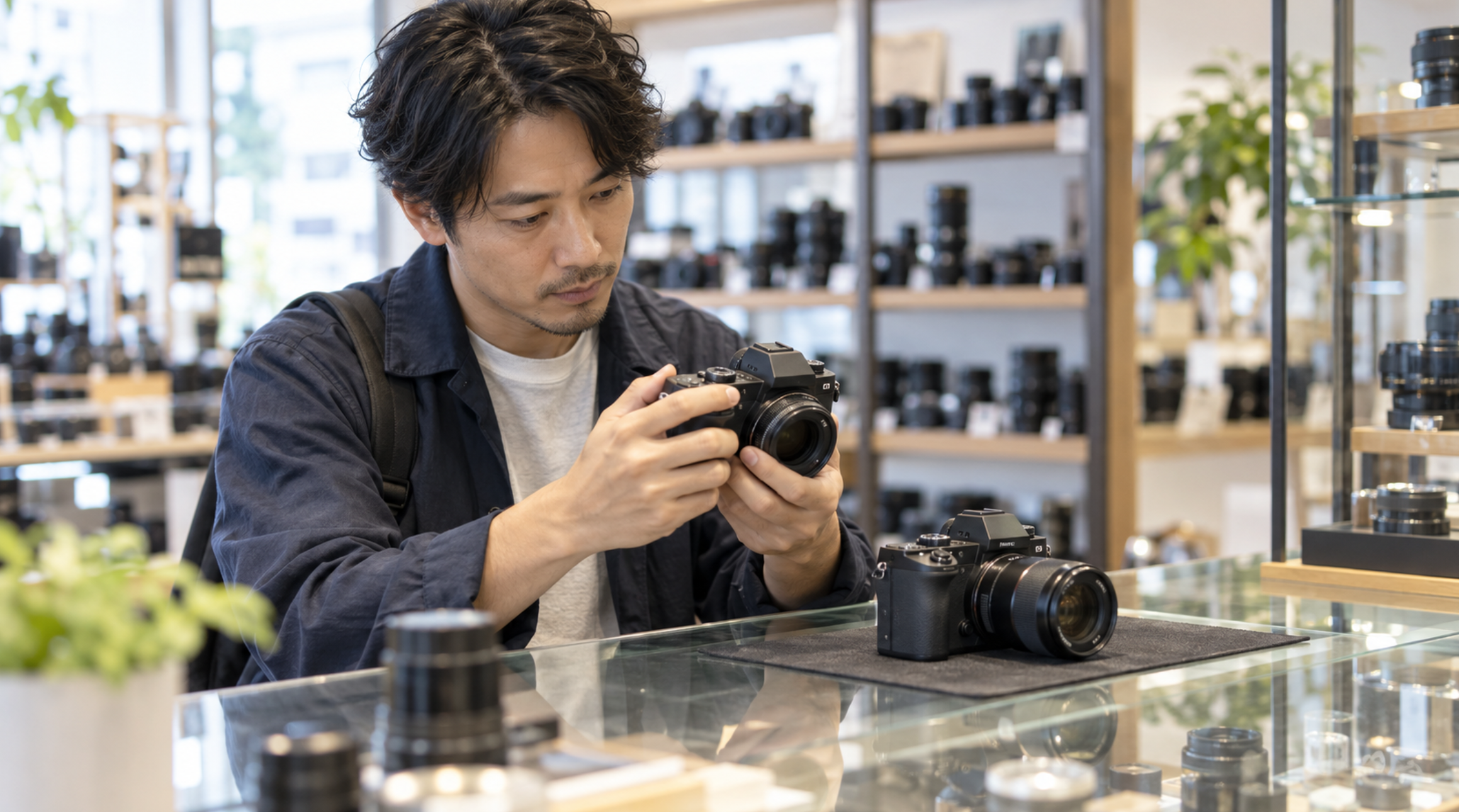 中古カメラ店でミラーレスカメラの状態を比較する日本人男性