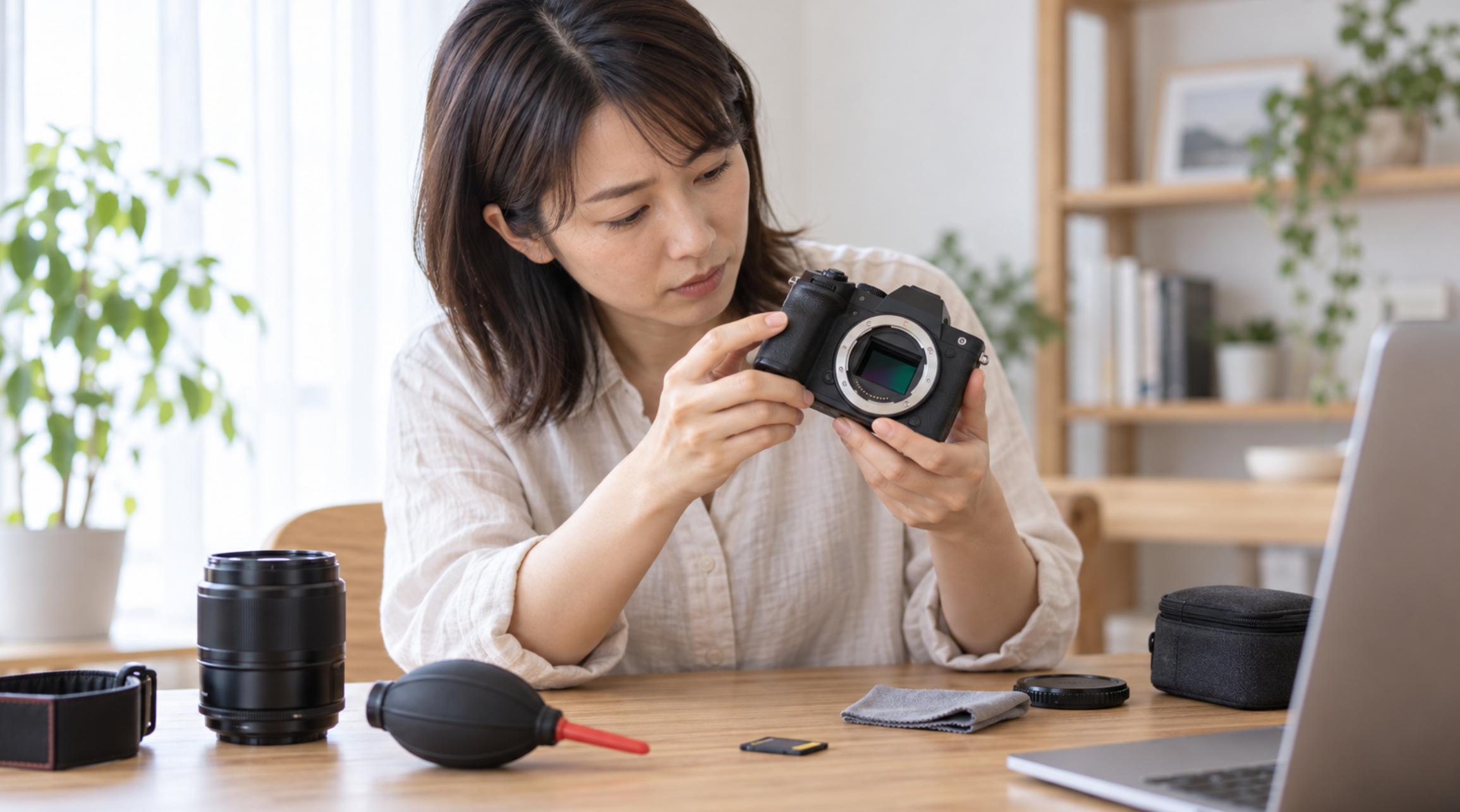 中古カメラ店で交換レンズのカビやクモリを確認する日本人女性
