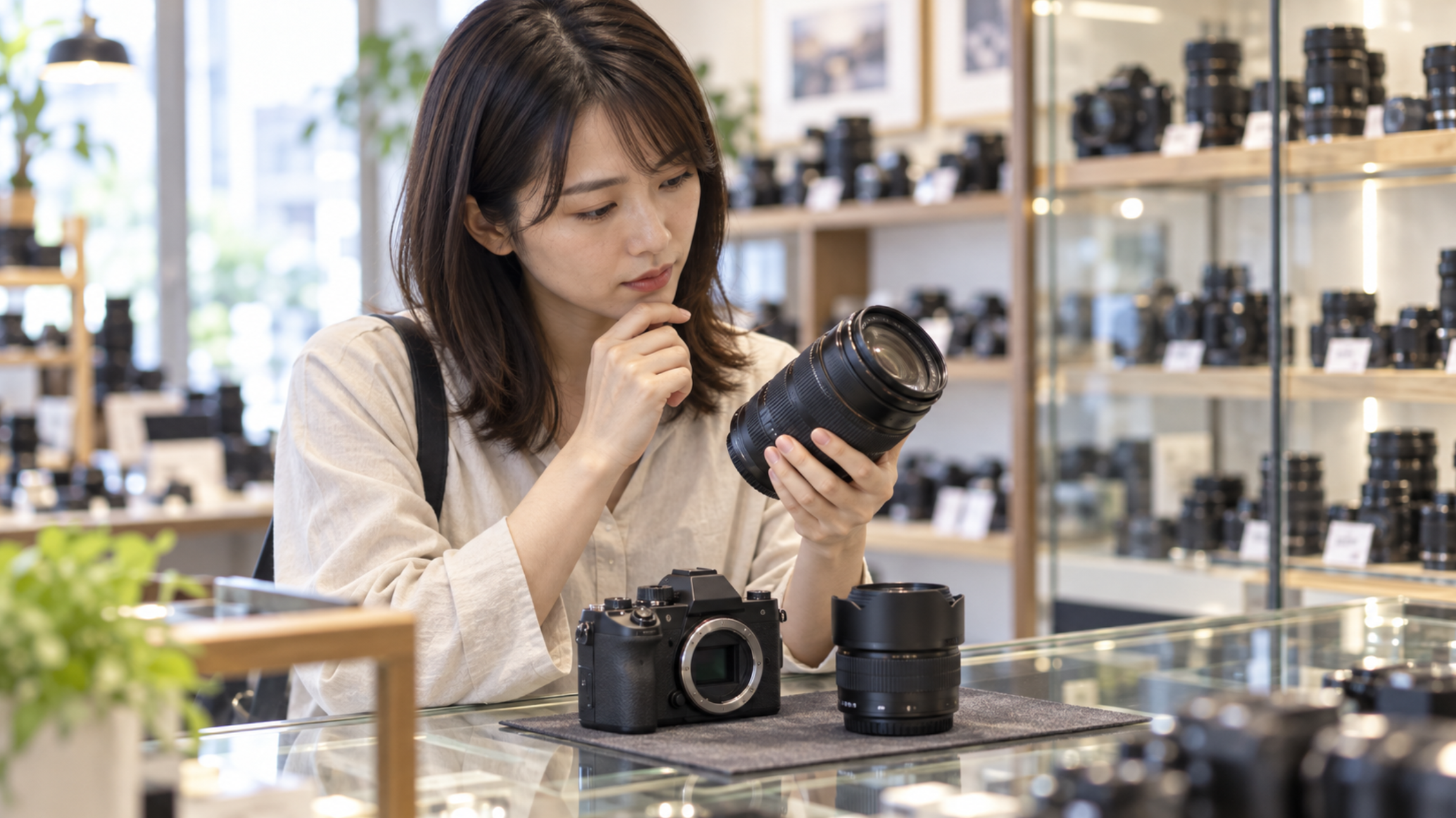 中古ミラーレスカメラのセンサーとマウント状態を確認する日本人女性