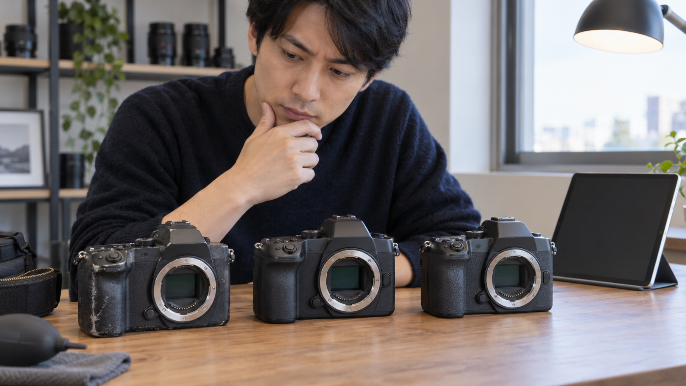 複数の中古カメラを比較してシャッター回数や状態を確認する男性